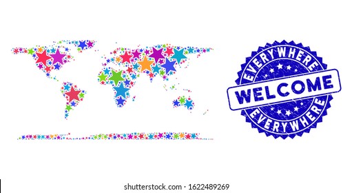 Bright Everywhere map composition of stars, and textured round blue WELCOME seal. Abstract territorial scheme in colorful color hues. Vector everywhere map is designed of bright stars.