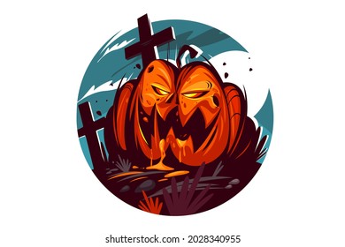 Ilustración portadora de calabaza malvada brillante. Aterrador naranja otoño verdura estilo plano. Cruces en el cementerio de terror. Fiesta festiva. Feliz concepto de decoración de halloween. Aislado sobre fondo blanco