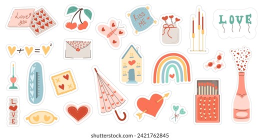 Bright excellent stickers for Valentine's Day. Various romantic items. Heart, champagne, candles, umbrella, pillow, butterfly, berries, envelope