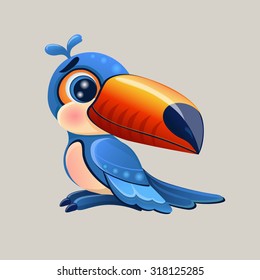 bright exotic cartoon toucan vector icon, blue bird with big beak, isolated on white background, print for t-shirt print, funny animal for kids alphabet mascot eps 10