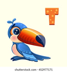 bright exotic cartoon tropical toucan vector icon, blue bird with big beak, isolated on white background, print for t-shirt print, funny animal for funny kids english alphabet mascot eps 10 letter T 