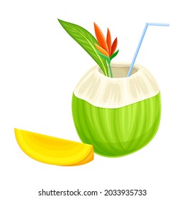 Bright Exotic Cocktail in Coconut with Straw as Tropical Refreshing Drink Vector Illustration