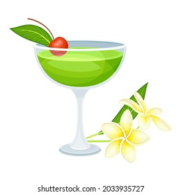 Bright Exotic Cocktail in Glass with Berry as Tropical Refreshing Drink Vector Illustration