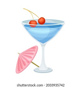 Bright Exotic Cocktail in Glass with Cherry as Tropical Refreshing Drink Vector Illustration