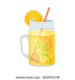 Bright Exotic Cocktail in Glass Jar with Straw as Tropical Refreshing Drink Vector Illustration