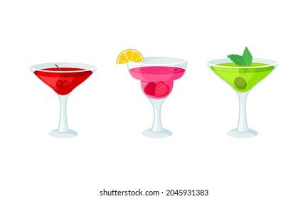Bright Exotic Cocktail in Glass as Tropical Refreshing Drink Vector Set