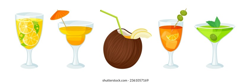 Bright Exotic Cocktail in Glass as Tropical Refreshing Drink Vector Set