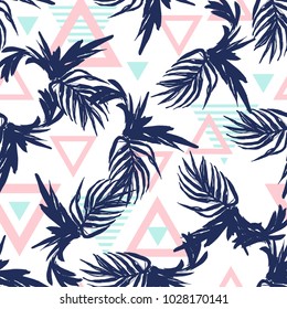 Bright Exotic Floral Seamless Pattern with Triangles Background 