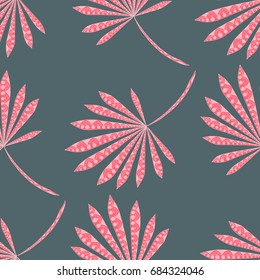 Bright Exotic Leaves. Seamless Pattern with Colorful Tropic Plants. Trendy Hand Drawn Zentzngle for Surface, Textile, Cloth, Linen