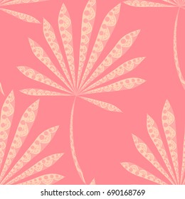 Bright Exotic Leaves. Seamless Pattern with Colorful Tropic Plants. Trendy Hand Drawn Zentzngle for Surface, Textile, Cloth, Linen