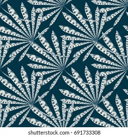 Bright Exotic Leaves. Seamless Pattern with Colorful Tropic Plants. Trendy Hand Drawn Zentzngle for Surface, Textile, Cloth, Linen