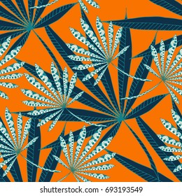 Flagrantes hojas exóticas. Patrón sin inconvenientes con plantas tropicales coloridas. Zentzngle de mano a la moda para superficies, textiles, tela, lino