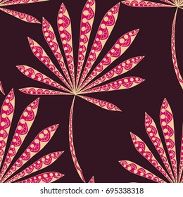 Bright Exotic Leaves. Seamless Pattern with Colorful Tropic Plants. Trendy Hand Drawn Zentzngle for Surface, Textile, Cloth, Linen
