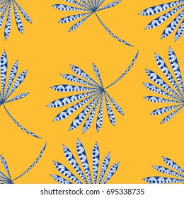 Bright Exotic Leaves. Seamless Pattern with Colorful Tropic Plants. Trendy Hand Drawn Zentzngle for Surface, Textile, Cloth, Linen