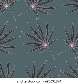 Bright Exotic Leaves. Seamless Pattern with Colorful Tropic Plants. Trendy Hand Drawn Zentzngle for Surface, Textile, Cloth, Linen