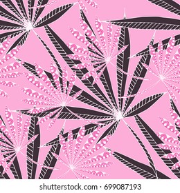 Bright Exotic Leaves. Seamless Pattern with Colorful Tropic Plants. Trendy Hand Drawn Zentzngle for Surface, Textile, Cloth, Linen