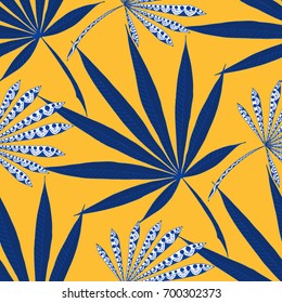 Bright Exotic Leaves. Seamless Pattern with Colorful Tropic Plants. Trendy Hand Drawn Zentzngle for Surface, Textile, Cloth, Linen
