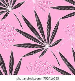 Bright Exotic Leaves. Seamless Pattern with Colorful Tropic Plants. Trendy Hand Drawn Zentzngle for Surface, Textile, Cloth, Linen