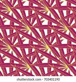 Bright Exotic Leaves. Seamless Pattern with Colorful Tropic Plants. Trendy Hand Drawn for Surface, Textile, Cloth, Linen