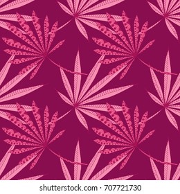 Bright Exotic Leaves. Seamless Pattern with Colorful Tropic Plants. Trendy Hand Drawn Zentzngle for Surface, Textile, Cloth, Linen