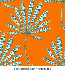 Bright Exotic Leaves. Seamless Pattern with Colorful Tropic Plants. Trendy Hand Drawn Zentzngle for Surface, Textile, Cloth, Linen