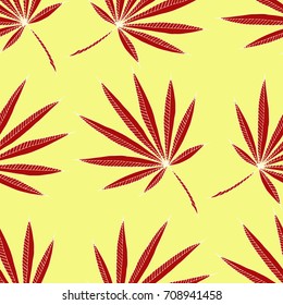Bright Exotic Leaves. Seamless Pattern with Colorful Tropic Plants. Trendy Hand Drawn Zentzngle for Surface, Textile, Cloth, Linen