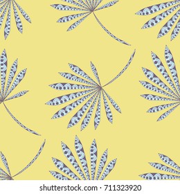 Bright Exotic Leaves. Seamless Pattern with Colorful Tropic Plants. Trendy Hand Drawn Zentzngle for Surface, Textile, Cloth, Linen