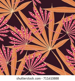 Bright Exotic Leaves. Seamless Pattern with Colorful Tropic Plants. Trendy Hand Drawn Zentzngle for Surface, Textile, Cloth, Linen