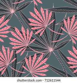 Bright Exotic Leaves. Seamless Pattern with Colorful Tropic Plants. Trendy Hand Drawn Zentzngle for Surface, Textile, Cloth, Linen