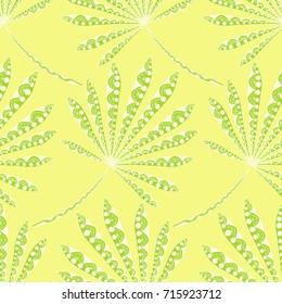Bright Exotic Leaves. Seamless Pattern with Colorful Tropic Plants. Trendy Hand Drawn Zentzngle for Surface, Textile, Cloth, Linen