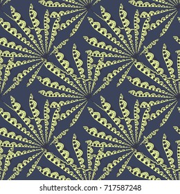 Bright Exotic Leaves. Seamless Pattern with Colorful Tropic Plants. Trendy Hand Drawn Zentzngle for Surface, Textile, Cloth, Linen