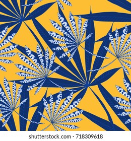 Bright Exotic Leaves. Seamless Pattern with Colorful Tropic Plants. Trendy Hand Drawn Zentzngle for Surface, Textile, Cloth, Linen