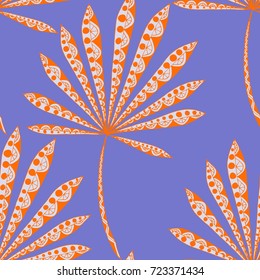 Bright Exotic Leaves. Seamless Pattern with Colorful Tropic Plants. Trendy Hand Drawn Zentzngle for Surface, Textile, Cloth, Linen