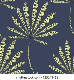 Bright Exotic Leaves. Seamless Pattern with Colorful Tropic Plants. Trendy Hand Drawn Zentzngle for Surface, Textile, Cloth, Linen