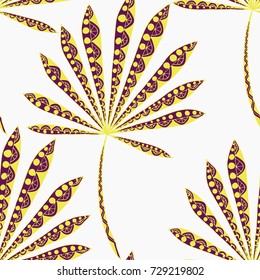 Bright Exotic Leaves. Seamless Pattern with Colorful Tropic Plants. Trendy Hand Drawn Zentzngle for Surface, Textile, Cloth, Linen