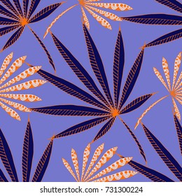 Bright Exotic Leaves. Seamless Pattern with Colorful Tropic Plants. Trendy Hand Drawn Zentzngle for Surface, Textile, Cloth, Linen