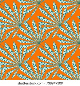 Bright Exotic Leaves. Seamless Pattern with Colorful Tropic Plants. Trendy Hand Drawn Zentzngle for Surface, Textile, Cloth, Linen
