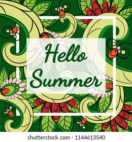 bright exotic pattern with frame and text hello summer, tropical flowers leaves on a green background. Vector illustration. hand drawing