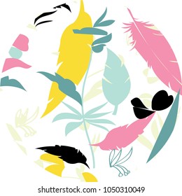 Bright exotic plants and leaves in the shape of a circle on a white background