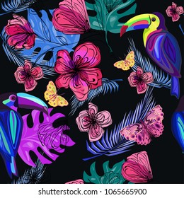 Bright exotic seamless pattern with toucans, tropical leaves and pink leaves, vector illustration