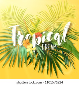 Bright exotic summer design with lettering integrated to tropical plants and flowers. Vector background of hibiscus flowers and royal and banana palm tree leaves.