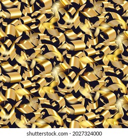 Bright explosion background of golden confetti. Abstract random grainy texturefor celebratory design, Christmas decorations, wedding theme, greeting card, banner, gift packaging. Vector seamless