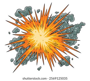 A bright explosion erupts sending flames and smoke spreading outward. The intense colors of orange and yellow contrast with dark gray clouds forming around the blast.