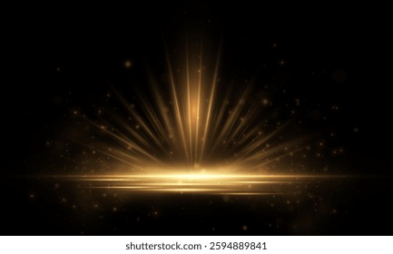 Bright explosion of light of flickering rays on transparent background. Abstract golden glow in horizontal projection. Luxury style for design and vector illustrations.
