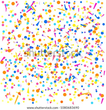 Bright explosion. Multicolored pattern with random falling colored confetti on white background. Texture with glitters for design. Greeting cards. Print for polygraphy, posters, banners and textiles