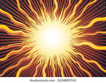 A bright explosion radiates vibrant rays of yellow orange and red. The background features a dotted pattern enhancing the comic book aesthetic and emphasizing dynamic energy.