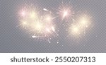 Bright explosions of fireworks salute. Colorful splashes of multicolored bright lights of fireworks isolated on transparent background. Vector