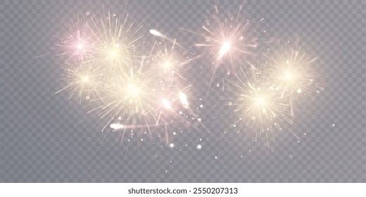 Bright explosions of fireworks salute. Colorful splashes of multicolored bright lights of fireworks isolated on transparent background. Vector