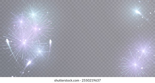 Bright explosions of fireworks salute. Colorful splashes of multicolored bright lights of fireworks isolated on transparent background. Vector