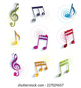 Bright expressive jolly glossy musical notes and symbols isolated on white background, vector glamorous musical elements.